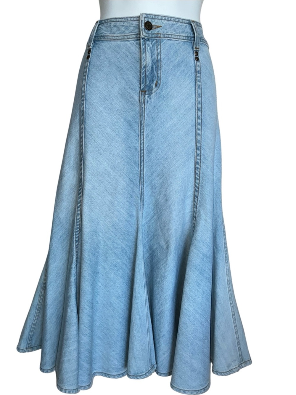 FOR JOSEPH Denim Skirt, Women's 6, blue, Light wash, flared, bias cut panels EUC